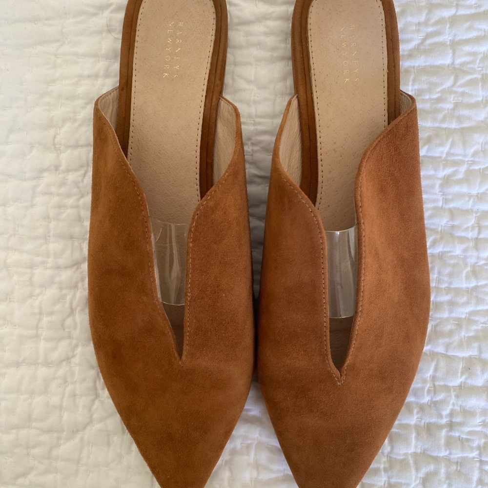 Barneys New York Tan Suede Mules
